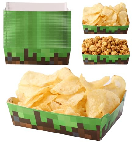 BOXOB 36pcs Cartoon Food Trays, Waterproof & Greaseproof Paper Food Serving Platter Trays for Video Game Themed Birthday Party Decorations Supplies (Green, Brown)