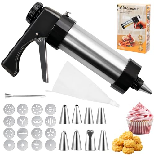 Gebäckpresse für Spritzgebäck Edelstahl,Gebäckpresse mit 16 Schablonen und 8 Tüllen 1 Reinigungsbürste,Gadgets Zum Keksbacken Gebäckspritze Tortenspritze Profi Spritzgebäck Maschine für Kuchen Kekse
