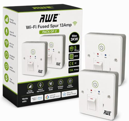 Awe 2 x Smart Wifi Fused 13A Timer Switch Save £££ Electric Heating, Immersers, Aga's, Towel Rails & Lighting | 5yr Warranty* | Alexa & Google Voice Control | Timers & Daily App Schedules