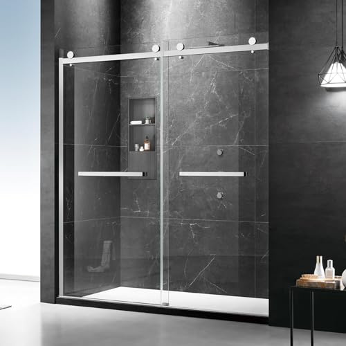 MoSweet Milano Double Sliding Shower Door, 56-60 W x 74 H Framed Shower Door 5/16(8mm) Clear SGCC Tempered Glass, 18 inch Pull Handle, Stainless Steel Hardware, Brushed Nickel