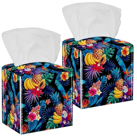2PCS Square Tissue Box Cover, Tropical Fruits Palm Leaves and Flowers Illustration Leather Tissue Case Facial Paper Organizer Dispenser for Vanity Toilet Tank Dresser Night Stand Table Countertop