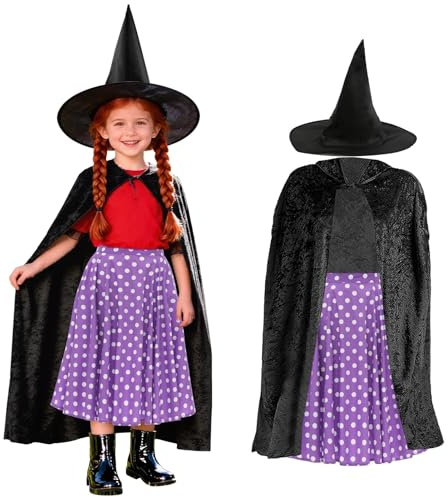 Apparlxer Kind Witch Costume for Teen,Witches Cosplay Outfits Set Include Black Cape Witches Hat White Polka Dot Skirt,World Book Day for Teenagers Witch Costume