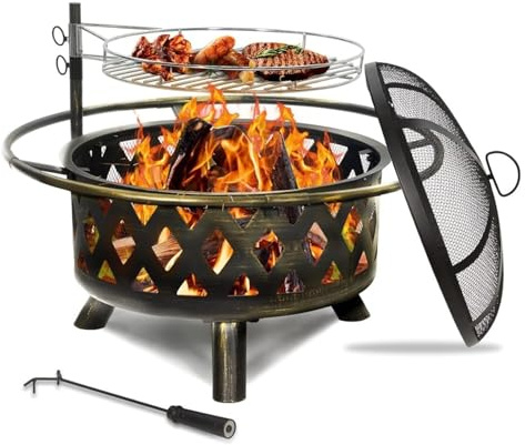 Braciere, Braciere for esterno a legna da 30 pollici, braciere in acciaio Lar con griglia for barbecue girevole rimovibile per patio, cortile