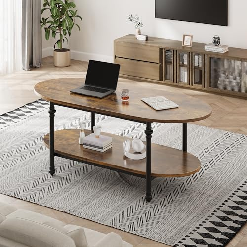 Garvee Mesa de Centro Ovalada de 2 Niveles – Estilo Industrial Vintage – Estante Abierto para Almacenamiento – Estructura de Metal y Madera Robusta – Ideal para Sala de Estar, Dormitorio u Oficina –