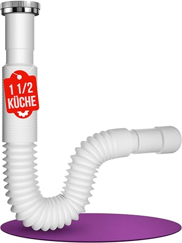 M. ROSENFELD HOME Sifón de cocina de 1 1/2 pulgadas flexible hasta 900 mm – Sifón de cocina con tuerca de aluminio, tubo de desagüe 32/40/50 mm ajustable, sifón cocina universal fabricado en la UE