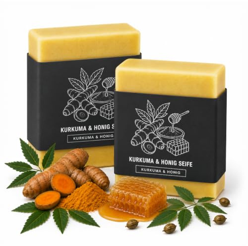 TBS Natürliche Kurkuma-Seife (2 x 100 g) – Feuchtigkeitsspendende Gesichts- und Körperseife mit 12 Buttersorten, Ziegenmilch & Ölen – Für trockene und empfindliche Haut