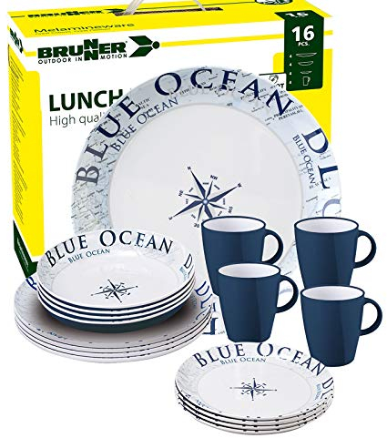 Brunner: Melamin-Geschirr Campinggeschirr (Antislip), 4 Personen (16 Teilig), Blue Ocean Lunch Box, Grill Und Picknick