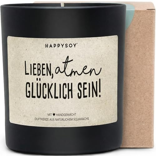 Lieben, atmen, glücklich sein - Duftkerze mit Spruch als Geschenk für Freundin, liebevolle Aufmerksamkeit, Liebe und Achtsamkeit, Kerze im Glas mit blumigem Duft