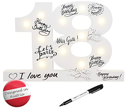CREOFANT ® XL Gästebuch 18 Geburtstag Deko mit LED Beleuchtung 33,5 cm x 23,5 cm · Tischdeko Geschenkidee 18. Geburtstagsgeschenk batteriebetrieben inkl. Stift schwarz