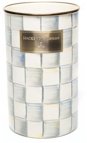MACKENZIE-CHILDS Enamel Utensil Holder, Kitchen Utensil Holder for Countertop, Storage Caddy, Gray-and-White Sterling Check