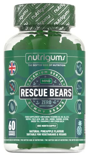 Rescue Bears Daytime Stress & Anxiety Relief Gummy | Green Tea, Taurine, Glycine, Chamomile and Lemon Balm with Vitamins & Prebiotics | Pineapple Flavour | 60 Vegan Gummies | Mind & Mood Support
