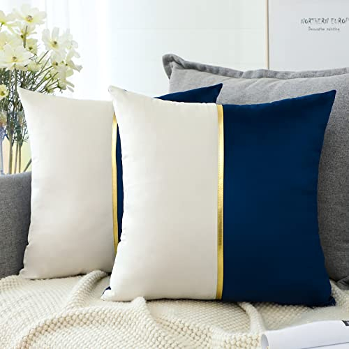 Artscope 2er Set Samt Kissenbezug für Sofa Auto Schlafzimmer Luxuriöser Moderne Minimalist Goldenen Ledernähten Dekokissen Kissenhülle Kissen Fall 45x45cm (Blau und Weiß)