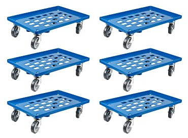 SparSet 6x Transportroller für Euroboxen 60x40cm mit Gummiräder blau | Gitter/Rasterdeck | 2 Lenkrollen & 2 Bremsrollen | Traglast 300kg | Kistenroller Logistikroller Rollwagen Profi-Fahrgestell