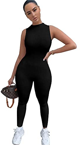 TOEECY Women's Jumpsuit Unitard Sexy Sleeveless Backless Bodycon One Piece Sports Romper Playsuit High Waist All in One for Workout Casual Yoga Gym Wear(Black,M)