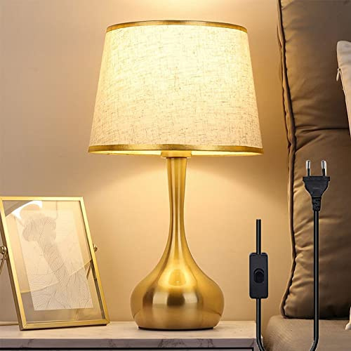 Tischlampe, Tischleuchte minimalistisch, Nachttischlampe aus Metall runden Lampenschirm Weiß, Metall, Wohnzimmerlampe Stoff Gold kreativ nordisch, Lampe mit Schalter, E27 Schlafzimmer Büro (Weiß)