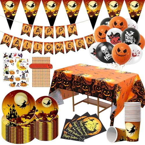 YUTUY Set di Stoviglie a Tema Halloween,Halloween Party Stoviglie,Forniture per Feste di Halloween,Tema Zucca Halloween Stoviglie,Set da tavola per Feste di Halloween (25 Ospiti)