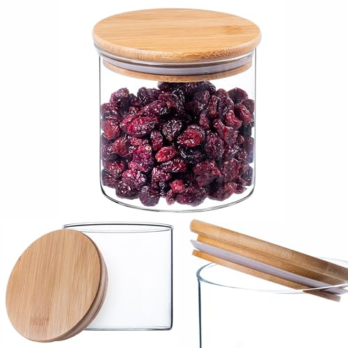 KADAX Tarros de cristal con tapa de bambú, aptos para lavavajillas, recipientes herméticos para guardar espaguetis, harina, cereales o café (redondo 680 ml)