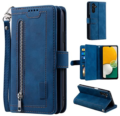 EYZUTAK Wallet Phone Case for Samsung Galaxy A15 4G/5G, Retro Matte 9 Card Holder Slots Zipper Pocket Case PU Leather Magnetic Closure Kickstand with Wrist Strap Folio Flip Case - Blue