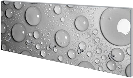 Wallario Wandgarderobe aus Glas in Größe 80 x 30 cm mit Memoboard-Funktion, Motiv: Wassertropfen in schwarz weiß | 5 Kleiderhaken zum Aufhängen von Jacken