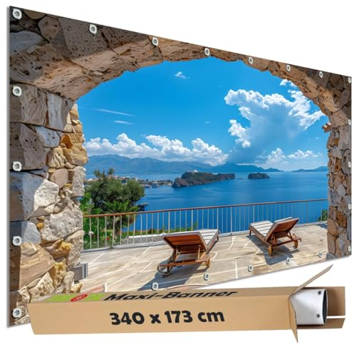 TRIOSK Sichtschutz Garten Dekoration Plane groß mit Motiv Mauer Tor Balkon Meer Blick Motivbanner Blickdicht für Terrasse Zaun Gartenzaun Gartenposter PVC Zaunblende 340x173 cm