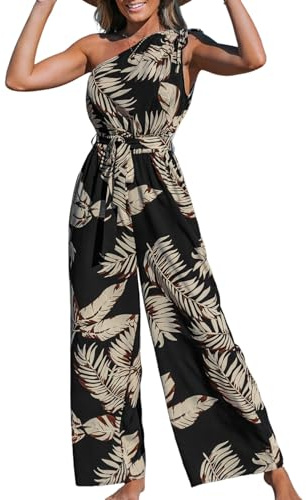 CUPSHE Women's Jumpsuit One Shoulder Sleeveless Overalls Drawstring Tropical Wide Leg Playsuit with Belt Summer Loose Jumpsuit, Black print, M