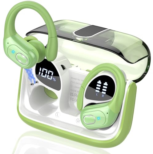 Aptkdoe In Ear Kopfhörer Kabellos Sport, Bluetooth 5.4 Kopfhörer mit ENC Mic, 75 Std Spielzeit, Anpassung über die App, Hi-Fi Stereo, IP7 Wasserdicht Ohrhörer mit Ohrhaken für Joggen/Gym, Hellgrün