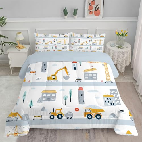 Linfye Bettdecke 200x200cm, Weißer Junge 4 Jahreszeiten Bettdecke 200x200, Baufahrzeug Steppdecke Ganzjahresdecke Bettdecken, Waschbar Gesteppte Duvet Schlafdecke mit 2 Kissenbezug 80x80cm