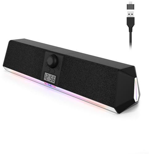 SOULION Altoparlante PC R80 alimentato USB, altoparlante per computer, Bluetooth PC Soundbar con orologio digitale LCD, luci colorate scatole per desktop, laptop, tablet, smartphone