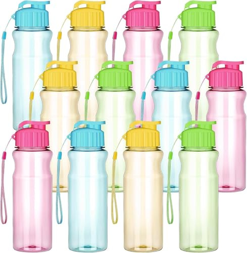 12 Stück Kinder Trinkflasche Mehrpack Set, 500 ml Wiederverwendbare Wasserflasche, Sport Plastikwasserflaschen mit auslaufsicherem Klappdeckel und Trageband für Outdoor Sport, Reisen, Klassenzimmer