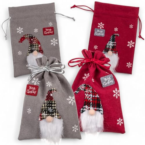 MIJOMA Geschenkbeutel Set – 4 Filz-Geschenkesäckchen mit Wichtel-Applikation, 3D Verzierung, 13,5 x 20 cm, Rot & Grau, Kordelzug, ideal für Weihnachten & Deko