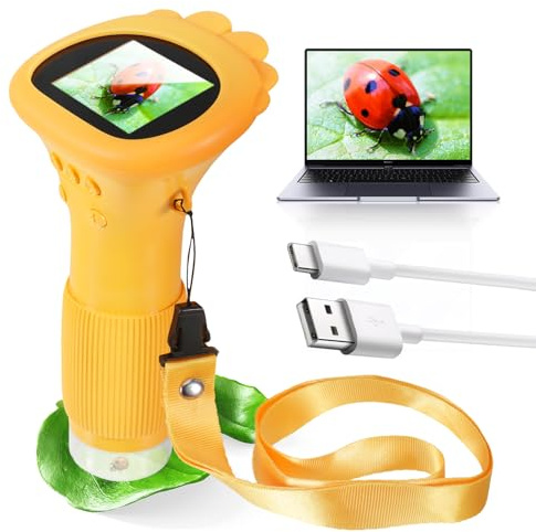 Kids Microscope, Portable Digital Microscope for Kids, Pocket Handheld Microscopes Camera with 2'' Inch Screen, Orange Educational Microscopes Science Kits for Age 3-12 Girls Boys Birthday Gifts
