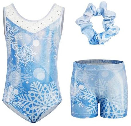 JiAmy Gymnastik trikåer för flickor med shorts, ärmlös, barn gymnastik atletisk dräkt, tonad balett trikåer gnistrande danskläder 3 st för barn 3-12 år, Blå snöflinga, 8-9 Years