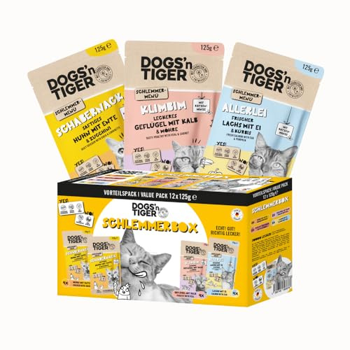 Dogs'n Tiger Katzen-Nassfutter Schlemmerbox, Huhn, Ente & Kalb, 12x 125g | Probierpaket, Huhn, Ente, Geflügel, Kalb & Lachs, getreidefrei, ohne Zuckerzusatz, gut verträglich