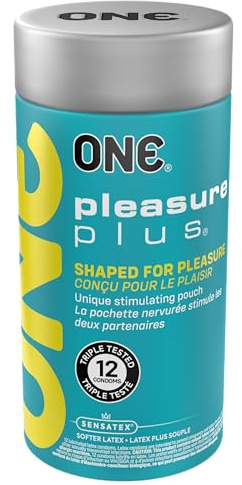 ONE® Pleasure Plus Condoms | Unique Stimulating Pounch for Increased Sensation | Vegan, Non-GMO, Natural Rubber Latex | 12 Count