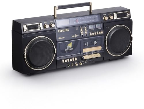 aiwa Retro Boombox BackTrack CD Player with Cassette Recording, Bluetooth 5.0, FM/AM Radio, USB/SD/AUX Inputs, VU Meters, LCD Display, Dual 40W Speakers (Black and Gold)