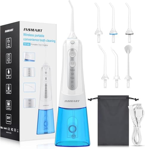 INSMART Hydropulseur dentaire électrique sans fil, 300 ml, 4 modes et 6 embouts de jet pour soins bucco-dentaires, fil rechargeable, étanche IPX7, irrigateur buccal portable pour voyage et maison