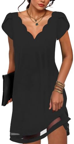 ABYOVRT Vestito Donna Elegante Manica Corta Estivo Bohémien retrò Abito Scollo a V Casual Vestiti Linea A Moda Mini Tuniche Vestito,Nero,S