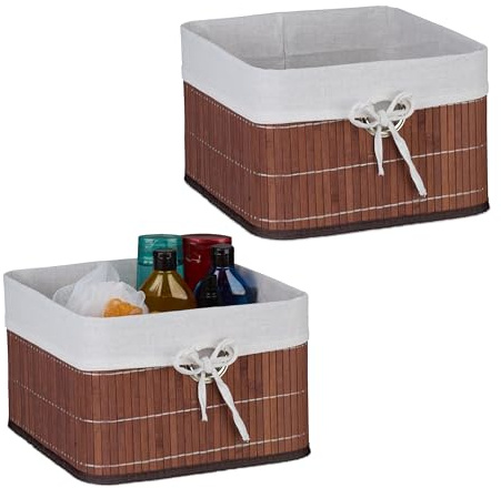 Relaxdays Set 4 Cestas de Almacenaje, Bambú, Forro de Tela, 20 x 31 x 31 cm, Cestitas con Agujero para Asa, Marrón, 20% poliéster 70% 10% Acero, 4 Unidades