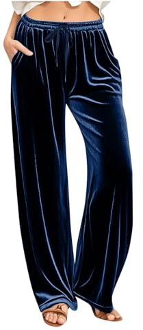 Trousers for Women UK Velvet High Waist Drawstring Ladies Pants Velour Long Straight Wide Leg Work Joggers Casual Loose Workwear Plus Size Trousers Velvet Fitness Sports Activewear