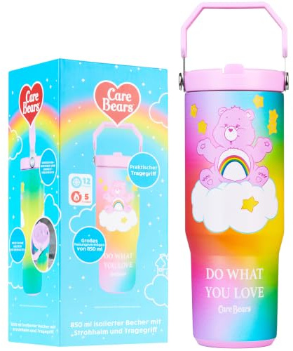 Get Trend Care Bears Bicchiere Termico con Cannuccia e Maniglia, Metallo Tazza da Viaggio 850ml, Isolamento Termico Sottovuoto a Doppia Parete (Multi Care Bears)