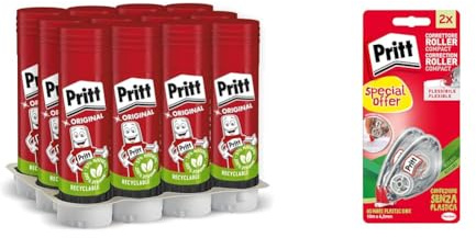 Bundle Pritt Colla Stick 12 x 22g, Colla per bambini sicura e affidabile, 12 stick x 22g & Pritt Flex Roller, Bianchetto a nastro per coprire ogni errore, Confezione da 2 (4.2mmx10m)