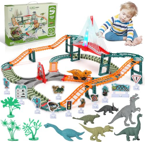 Autorennbahn Rennbahn 167Pcs, Dinosaurier Spielzeug Autorennbahn ab 3 4 5 6 Jahre, Flexibles Rennbahn Autobahn Racing Track Toys mit Dinosaurier Autos, Leuchtende Musikbrücke
