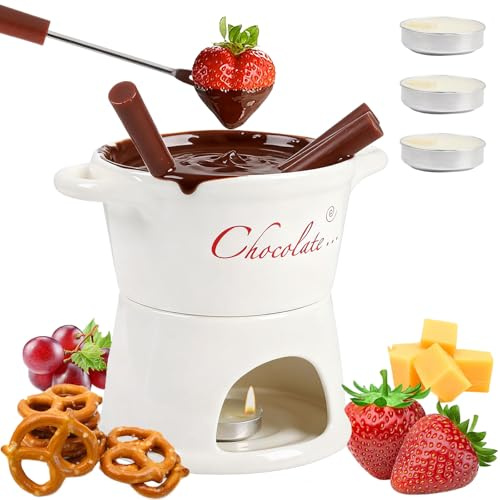 Domigard Keramik Schokofondue-Topf-Set, 2-in-1 Fondue-Set aus Keramik für Schokofondue & Käsefondue | Komplettset mit 4 Teelichtern & 4 Edelstahlgabeln | für Haus, Restaurant und Café