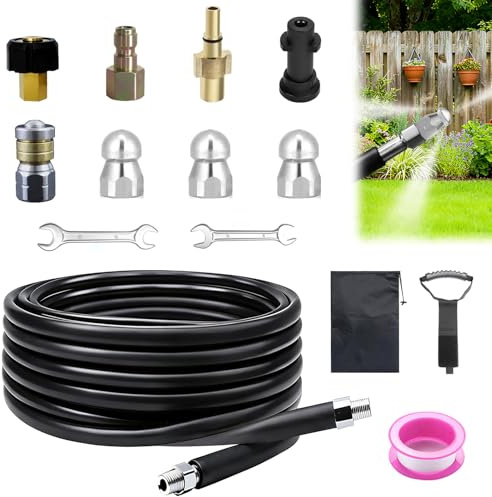 Yunlaishaocer Rörrengöringsslang-set 15 m, 400 bar, 140 °C, universellt rörrengöringssats, med adapter och munstycken, för Kränzle Kärcher K2-K7, för igensättning och rengöring av avloppet