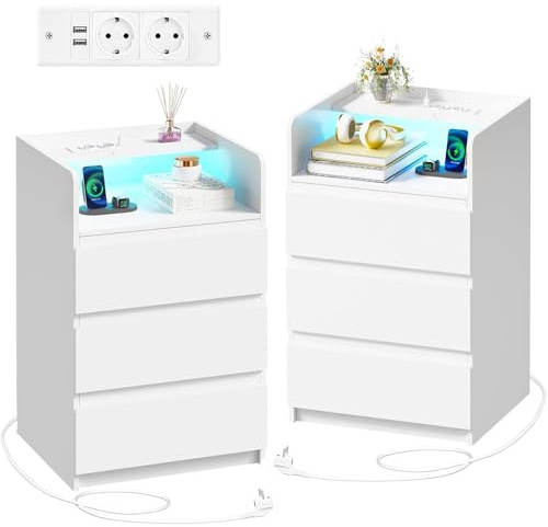 ANWBROAD Comodino Con Presa Elettrica Illuminazione a Striscia LED,3 Cassetti e 1 Ripiano Comodino Moderno Tavolino Tavolino da Camera da Letto Tavolino da Salotto (2, Bianco) BNS014W