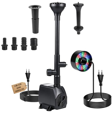 Teichpumpe Springbrunnenpumpe Außen 3000L/H 65W, Wasserpumpe Bachlaufpumpe | Aquariumpumpe, mit 30 farbigen Lichtern, 4 Düsen, 3M Kabel, 3 Köpfen für Teichbecken, Steingarten