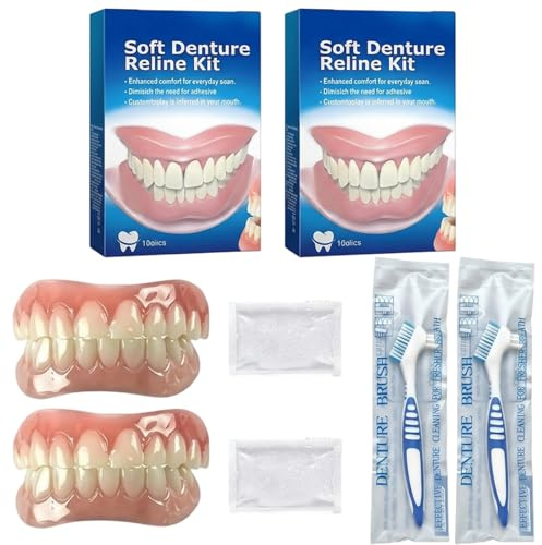 Lot de 2 prothèses dentaires avec 2 brosses à dents pour un usage quotidien, prothèses dentaires, prothèses dentaires à clipser pour un aspect naturel et un confort