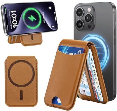 MoKo Magnetisk plånbok för smartphone, korthållare med justerbart stativ för 7 kort, RFID-skydd, tunt läderfodral, kompatibelt med iPhone 17e/17/16/15/14/13/12, brun