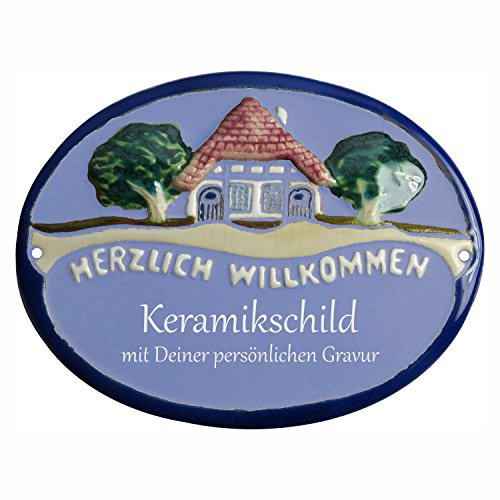 Handarbeit aus Schleswig-Holstein Keramikschild 19,5 x 14,0 cm Motiv Haus Herzlich Willkommen (hellblau)