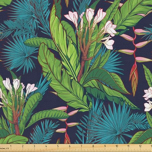 ABAKUHAUS Blatt Gewebe als Meterware, Tropisches Dschungel-Muster, Schön Gewebten Stoff für Polster und Wohnaccessoires, 1M (148x100cm),Kadett Blau Grün